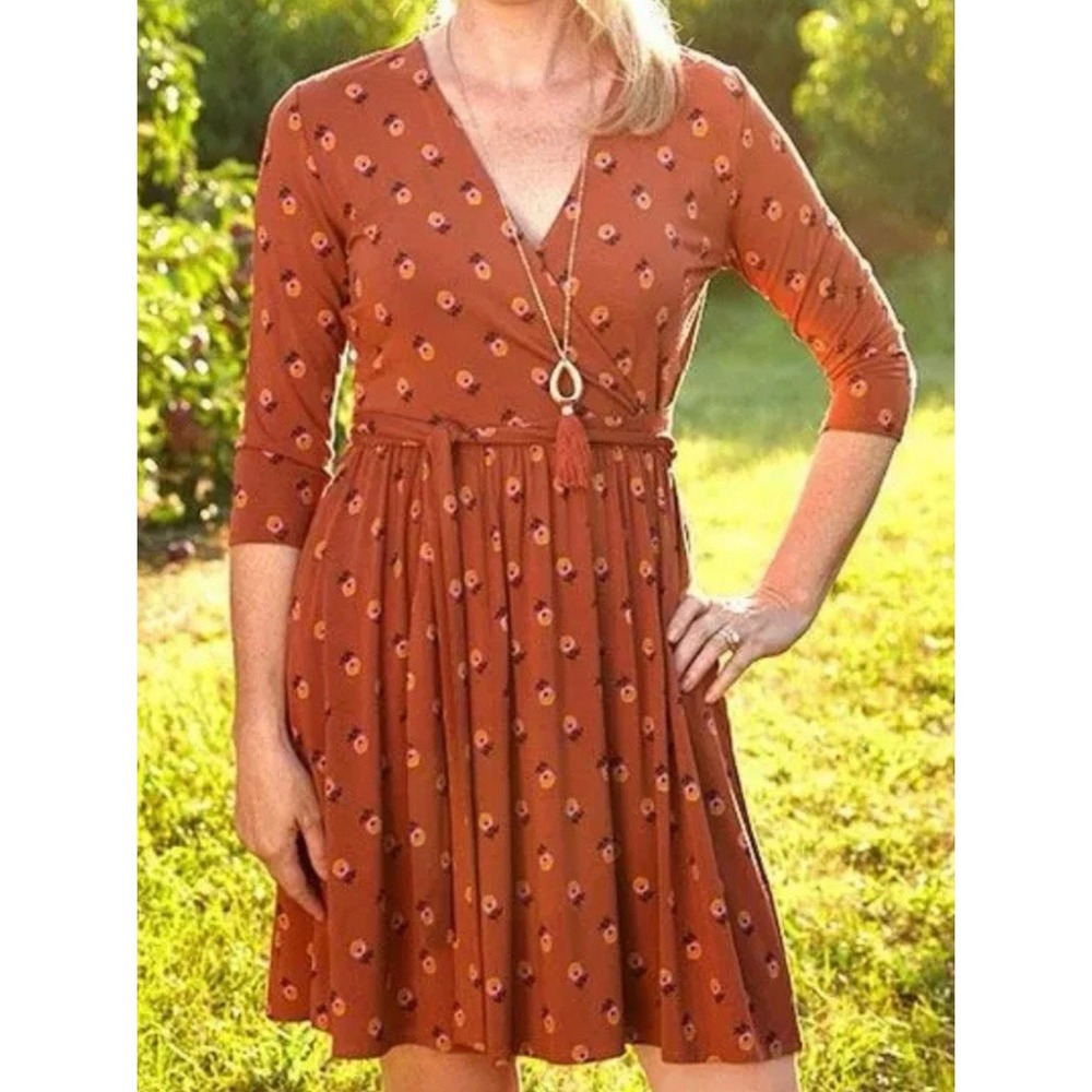 Matilda Jane Women Rust Floral Wrap Dress Pockets Size M 3/4 Sleeve Boho